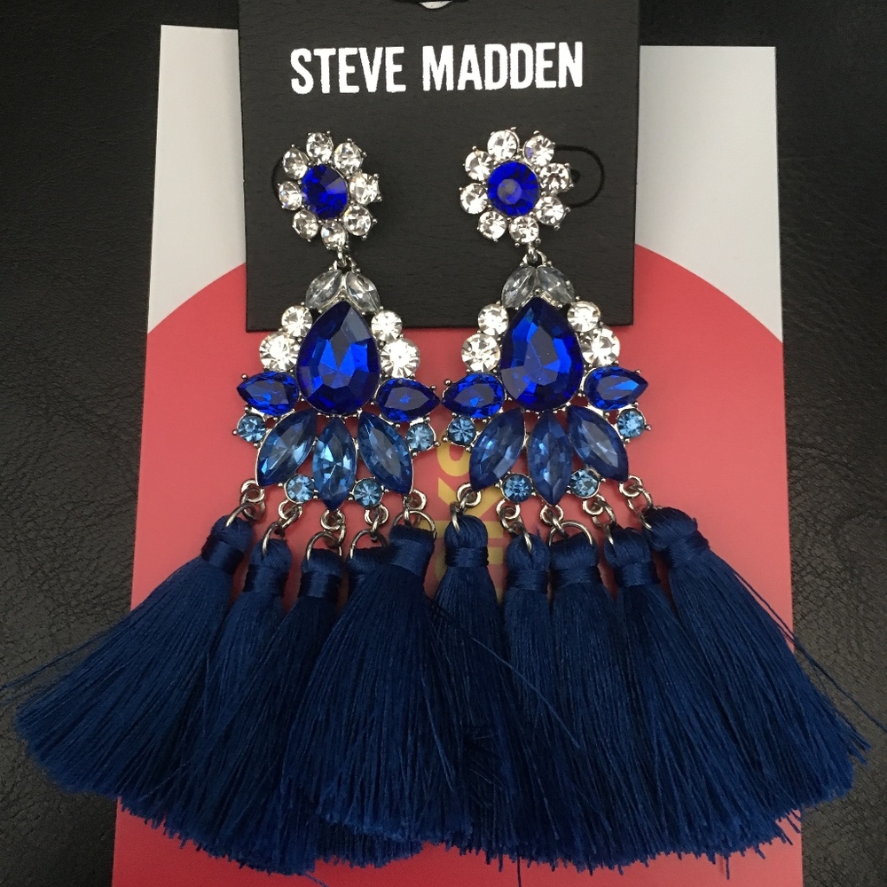 Steve Madden Glam Blue Stones & Tassels Earrings
